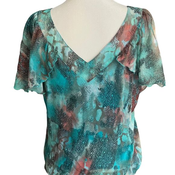Zac & Rachel teal abstract animal print flowy blouse, sz S, artsy, banded waist - Picture 10 of 10